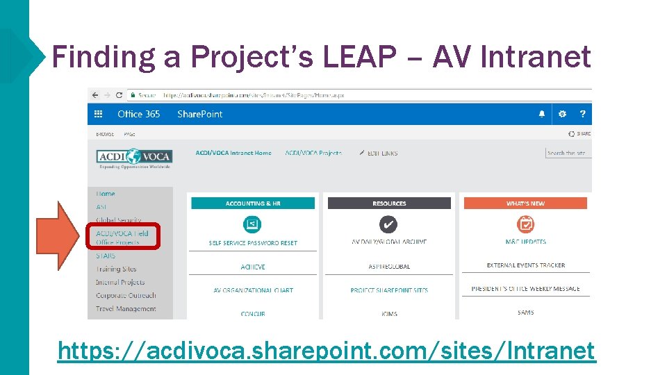 Finding a Project’s LEAP – AV Intranet https: //acdivoca. sharepoint. com/sites/Intranet 