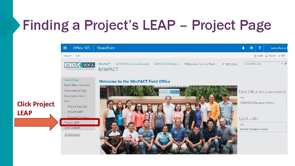 Finding a Project’s LEAP – Project Page Click Project LEAP 