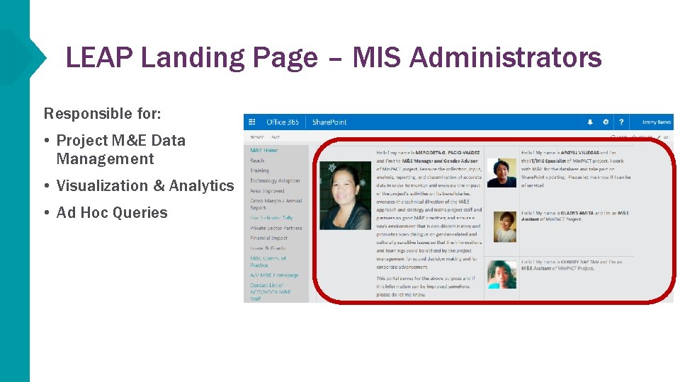 LEAP Landing Page – MIS Administrators Responsible for: • Project M&E Data Management •