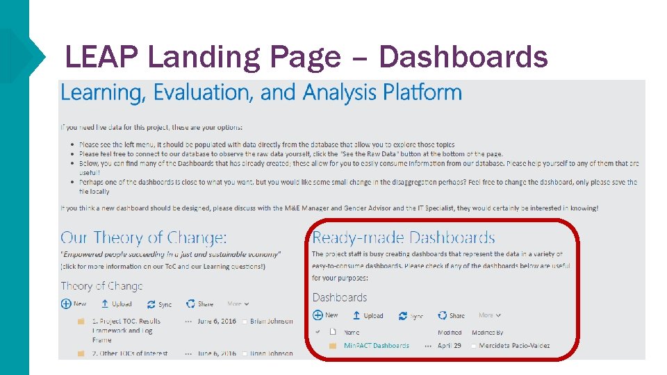 LEAP Landing Page – Dashboards 
