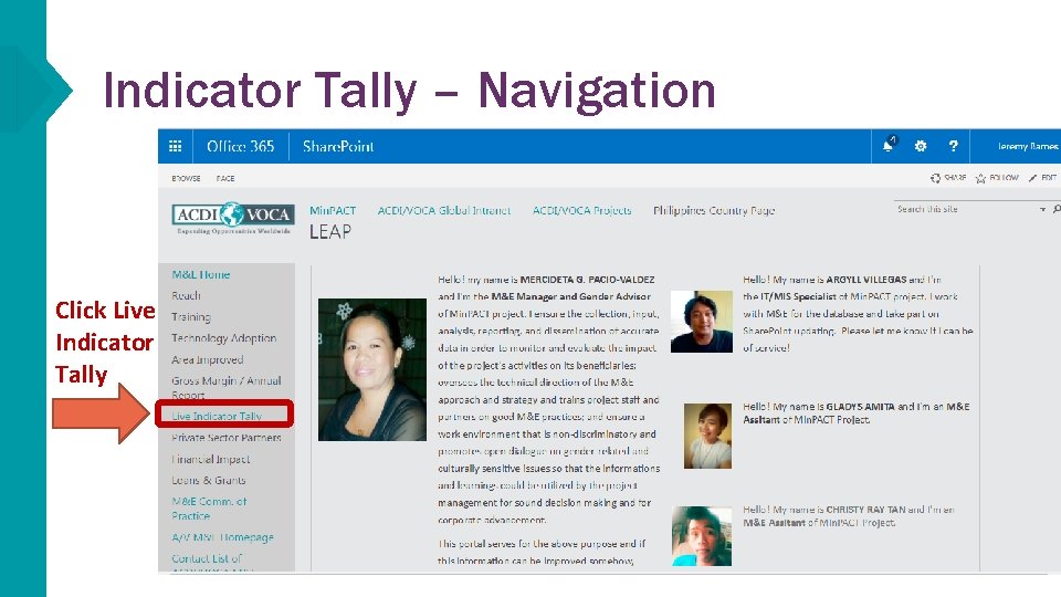 Indicator Tally – Navigation Click Live Indicator Tally 