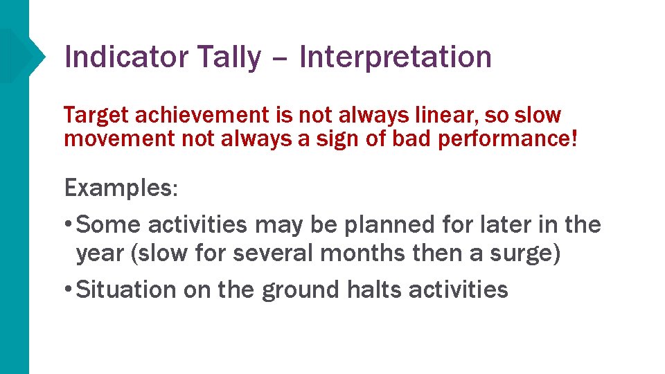 Indicator Tally – Interpretation Target achievement is not always linear, so slow movement not