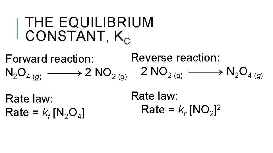 THE EQUILIBRIUM CONSTANT, KC Reverse reaction: Forward reaction: N 2 O 4 (g) 2