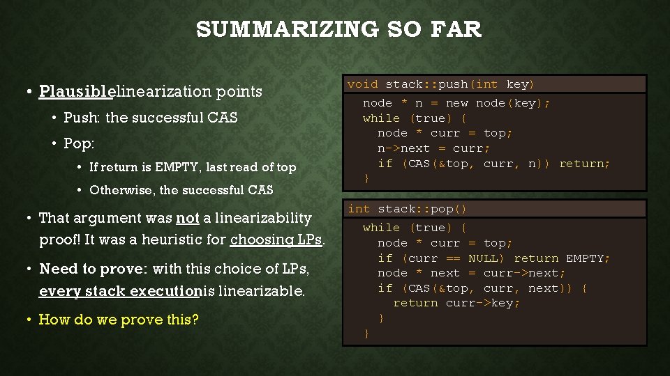 SUMMARIZING SO FAR • Plausiblelinearization points • Push: the successful CAS • Pop: •