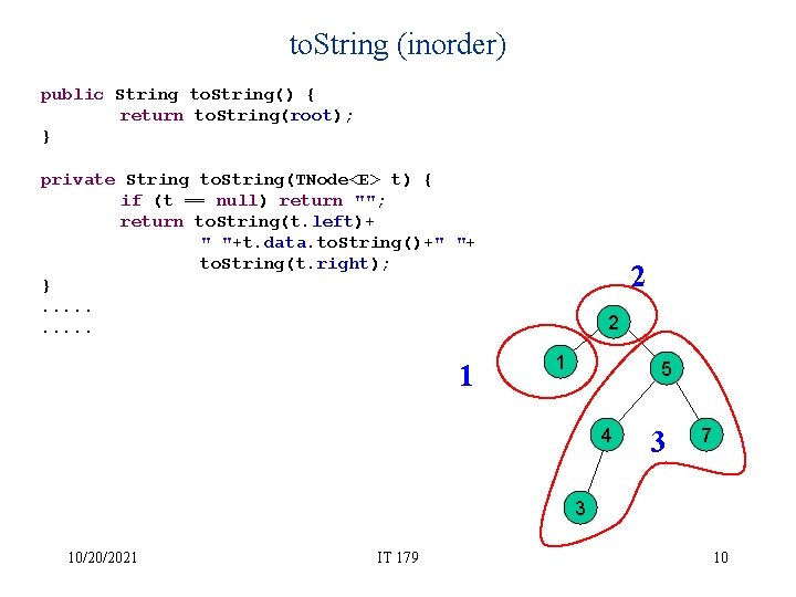 to. String (inorder) public String to. String() { return to. String(root); } private String