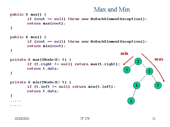 Max and Min public E max() { if (root == null) throw new No.