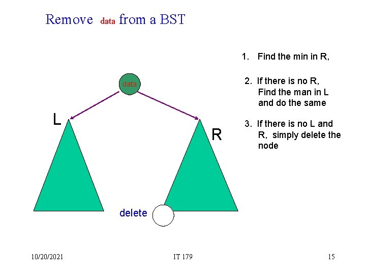 Remove data from a BST 1. Find the min in R, 2. If there Remove data from a BST 1. Find the min in R, 2. If there