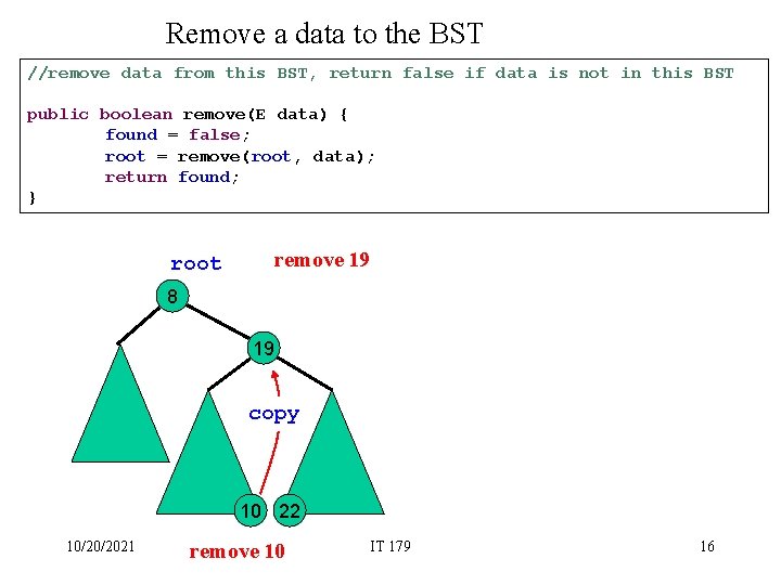 Remove a data to the BST //remove data from this BST, return false if Remove a data to the BST //remove data from this BST, return false if