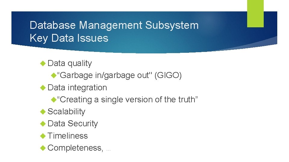 Database Management Subsystem Key Data Issues Data quality “Garbage in/garbage out" (GIGO) Data integration