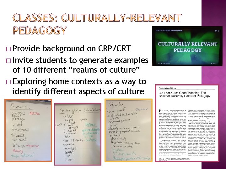 � Provide background on CRP/CRT � Invite students to generate examples of 10 different