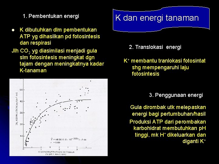 1. Pembentukan energi K dibutuhkan dlm pembentukan ATP yg dihasilkan pd fotosintesis dan respirasi