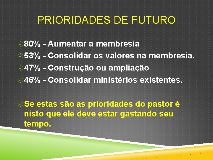 PRIORIDADES DE FUTURO 80% - Aumentar a membresia 53% - Consolidar os valores na