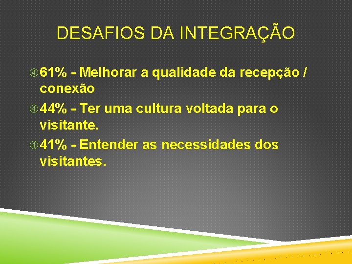 DESAFIOS DA INTEGRAÇÃO 61% - Melhorar a qualidade da recepção / conexão 44% -