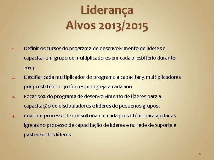 Liderança Alvos 2013/2015 1. Definir os cursos do programa de desenvolvimento de líderes e