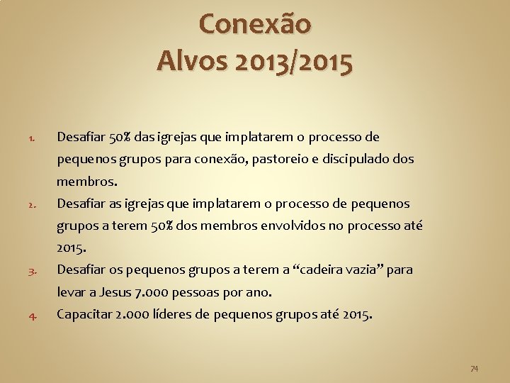 Conexão Alvos 2013/2015 1. Desafiar 50% das igrejas que implatarem o processo de pequenos