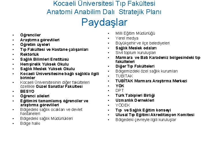 Kocaeli Üniversitesi Tıp Fakültesi Anatomi Anabilim Dalı Stratejik Planı Paydaşlar • • • •