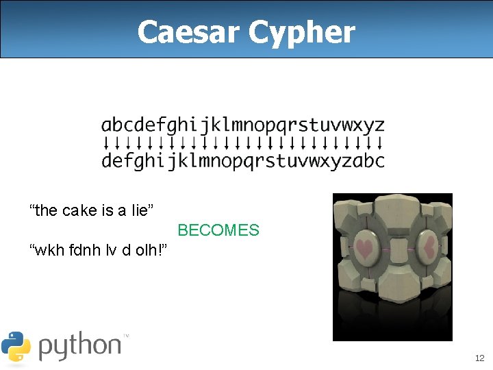 Caesar Cypher “the cake is a lie” BECOMES “wkh fdnh lv d olh!” 12