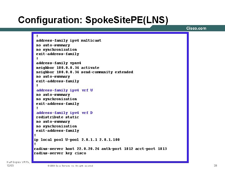 Configuration: Spoke. Site. PE(LNS) ! address-family ipv 4 multicast no auto-summary no synchronization exit-address-family