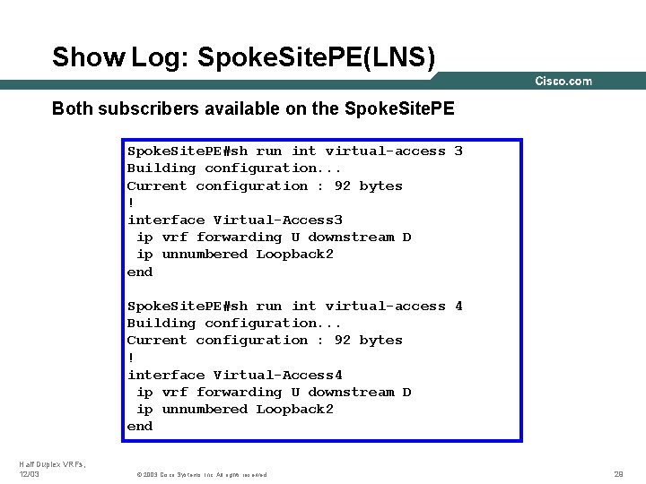 Show Log: Spoke. Site. PE(LNS) Both subscribers available on the Spoke. Site. PE#sh run