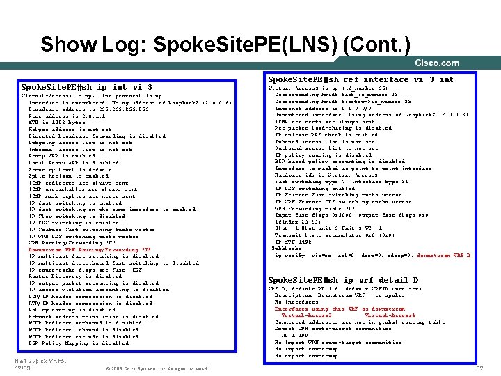 Show Log: Spoke. Site. PE(LNS) (Cont. ) Spoke. Site. PE#sh ip int vi 3