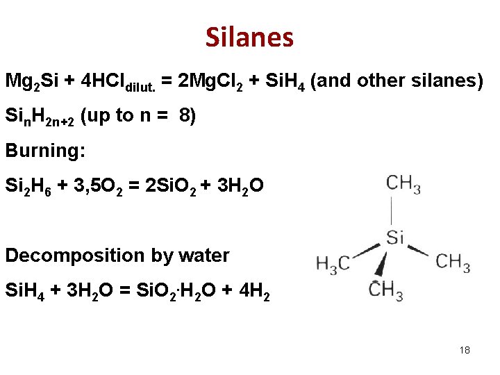 Silanes Mg 2 Si + 4 HCldilut. = 2 Mg. Cl 2 + Si.