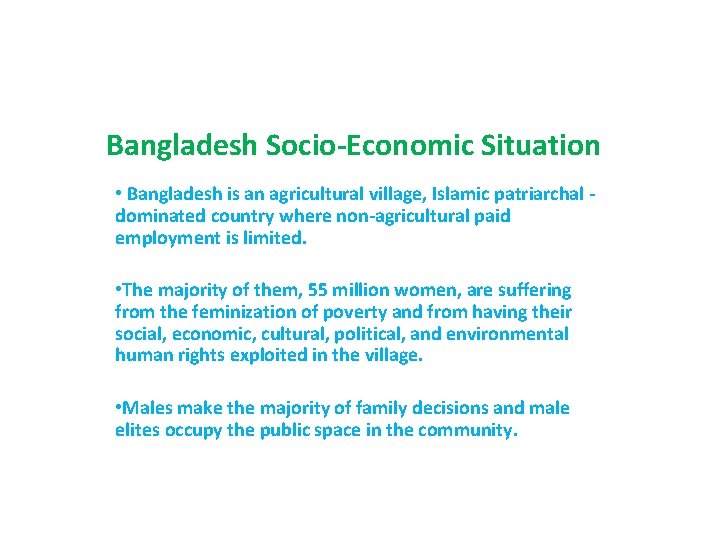 Bangladesh Socio-Economic Situation • Bangladesh is an agricultural village, Islamic patriarchal dominated country where