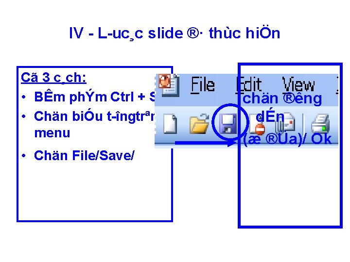 IV L uc¸c slide ®· thùc hiÖn Cã 3 c¸ch: • BÊm phÝm Ctrl