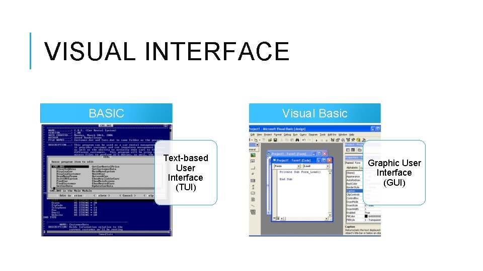 VISUAL INTERFACE BASIC Visual Basic Text-based User Interface (TUI) Graphic User Interface (GUI) 