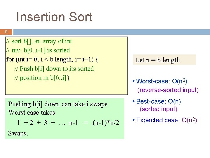Insertion Sort 11 // sort b[], an array of int // inv: b[0. .