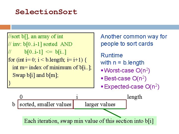 Selection. Sort 14 //sort b[], an array of int // inv: b[0. . i-1]