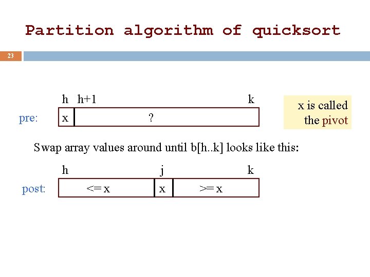 Partition algorithm of quicksort 23 h h+1 pre: x k ? x is called