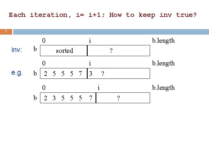 Each iteration, i= i+1; How to keep inv true? 7 0 i inv: b