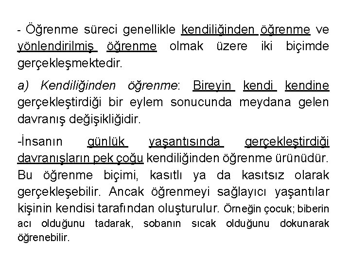 - Öğrenme süreci genellikle kendiliğinden öğrenme ve yönlendirilmiş öğrenme gerçekleşmektedir. olmak üzere iki biçimde