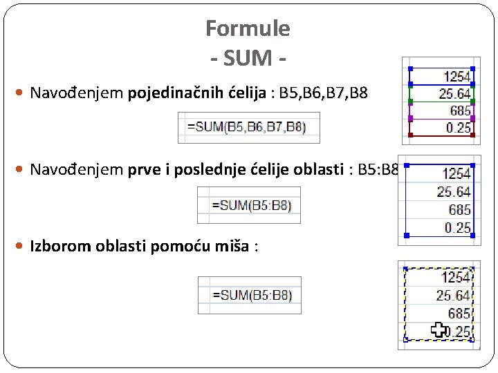 Formule - SUM Navođenjem pojedinačnih ćelija : B 5, B 6, B 7, B