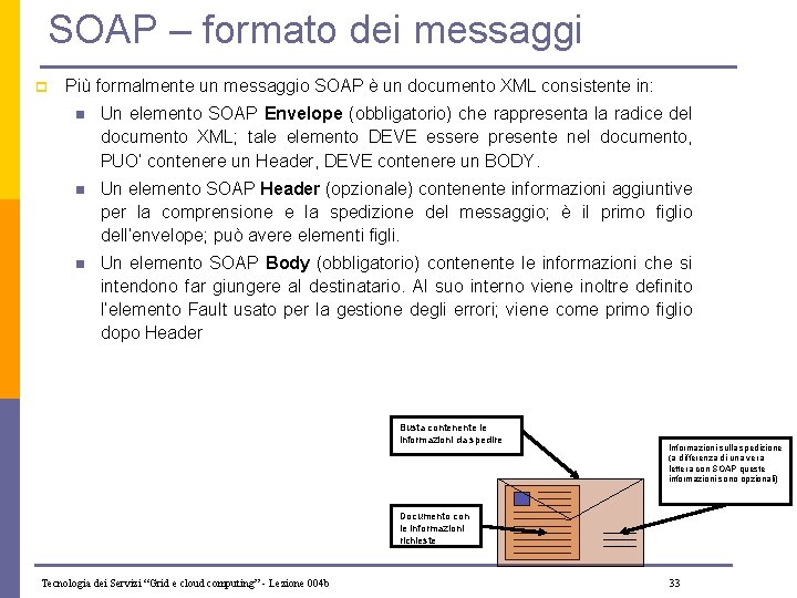 SOAP – formato dei messaggi p Più formalmente un messaggio SOAP è un documento