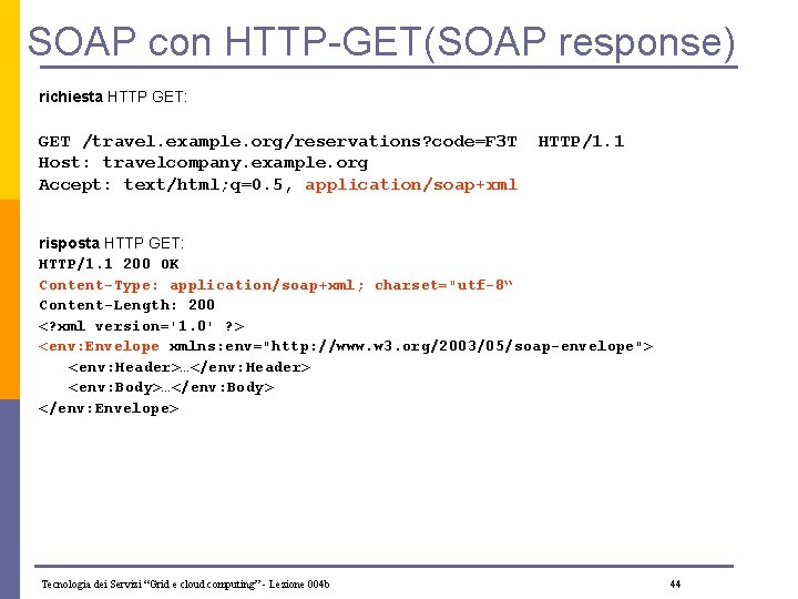 SOAP con HTTP-GET(SOAP response) richiesta HTTP GET: GET /travel. example. org/reservations? code=F 3 T