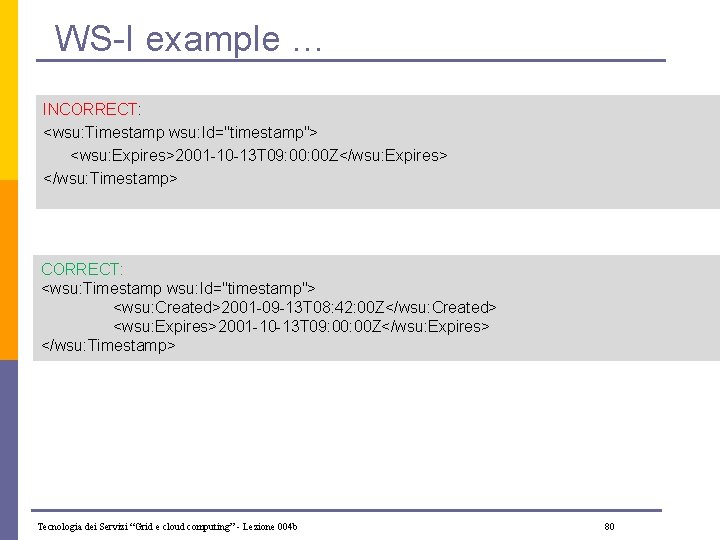 WS-I example … INCORRECT: <wsu: Timestamp wsu: Id="timestamp"> <wsu: Expires>2001 -10 -13 T 09: