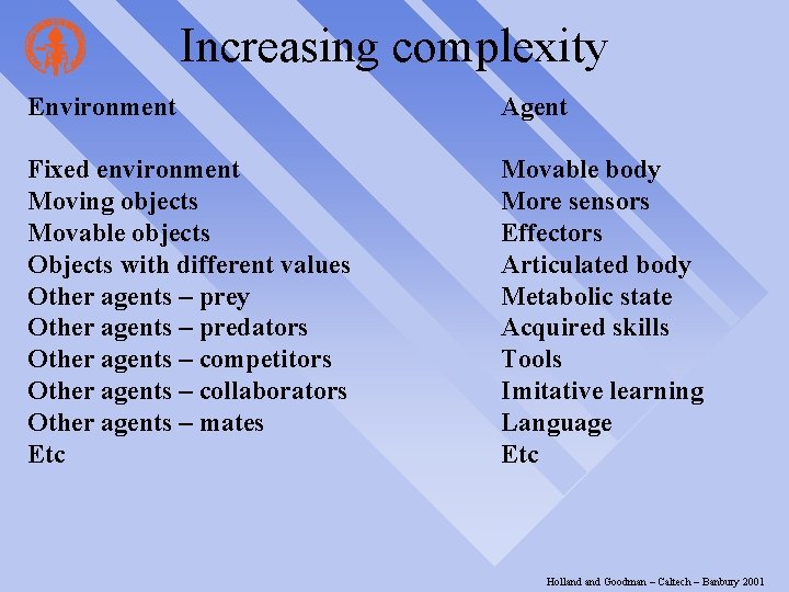 Increasing complexity Environment Agent Fixed environment Moving objects Movable objects Objects with different values