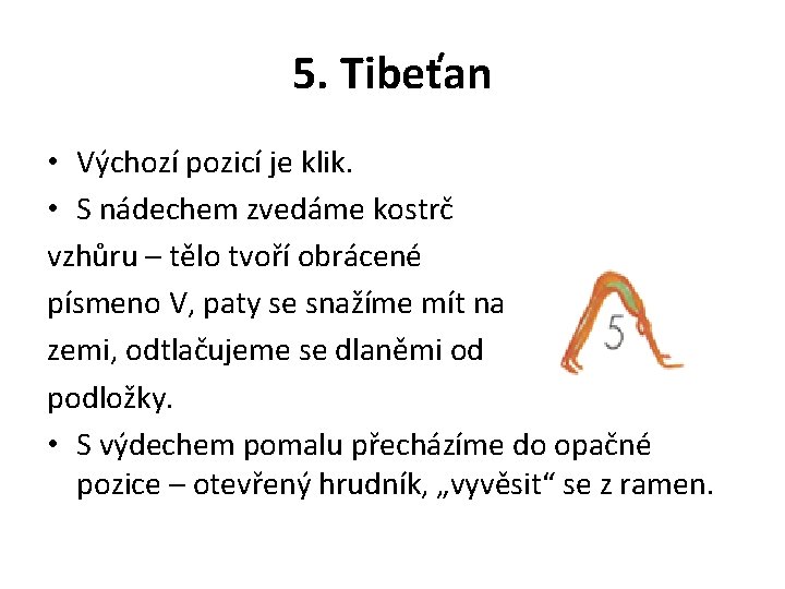 5. Tibeťan • Výchozí pozicí je klik. • S nádechem zvedáme kostrč vzhůru –