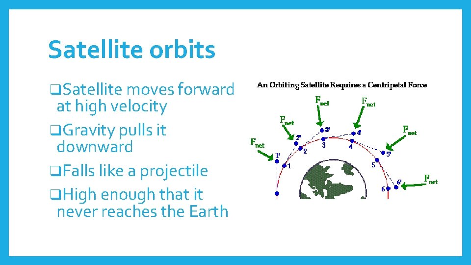 Satellite orbits q. Satellite moves forward at high velocity q. Gravity pulls it downward