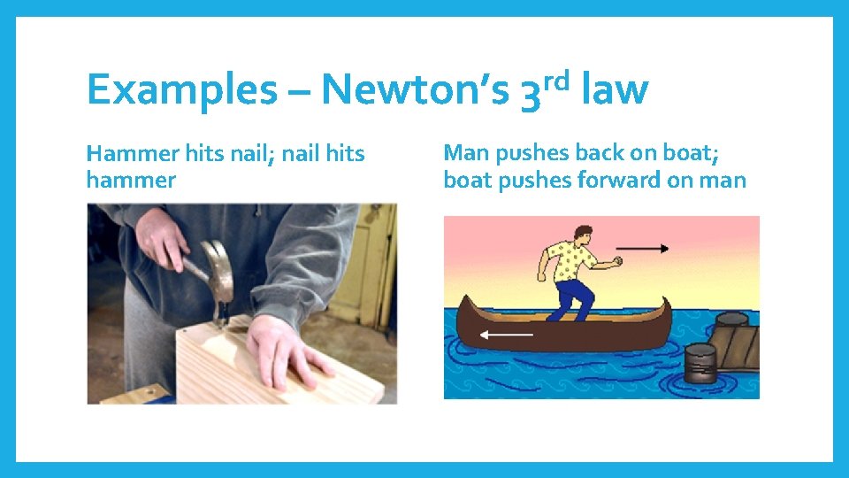 Examples – Newton’s Hammer hits nail; nail hits hammer rd 3 law Man pushes