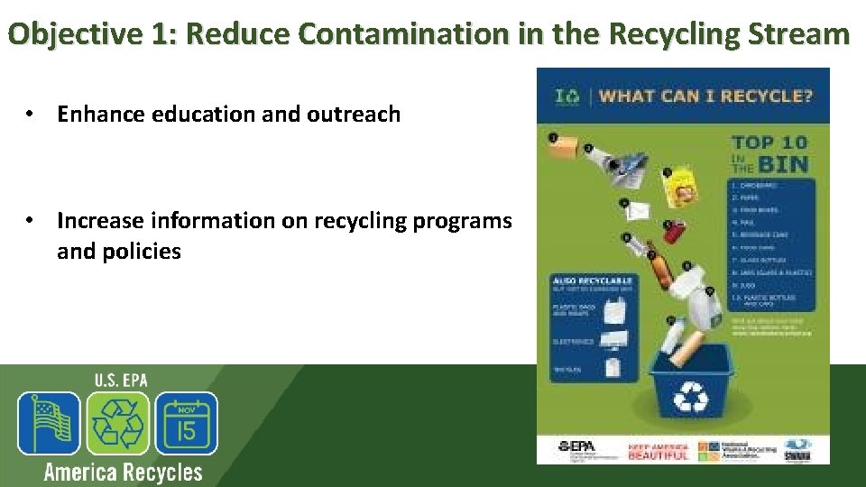 Objective 1: Reduce Contamination in the Recycling Stream • Enhance education and outreach •