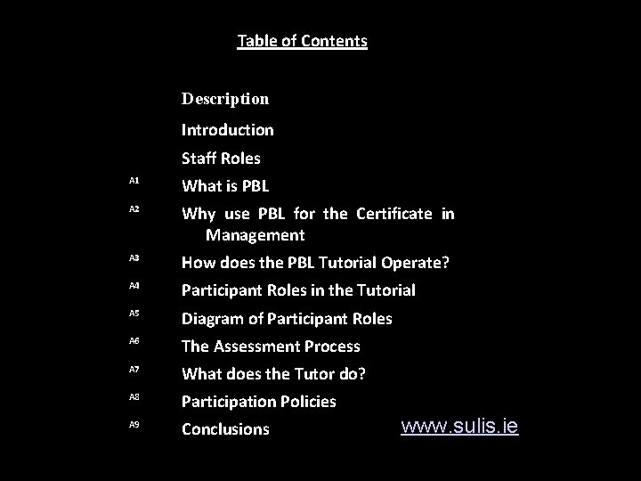 Table of Contents Description Introduction Staff Roles A 1 What is PBL A 2
