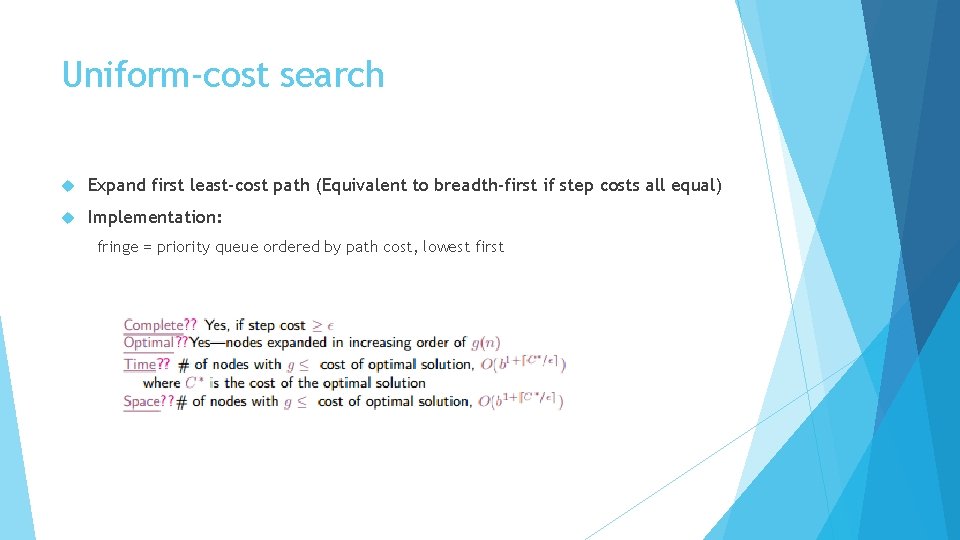 Uniform-cost search Expand first least-cost path (Equivalent to breadth-first if step costs all equal)