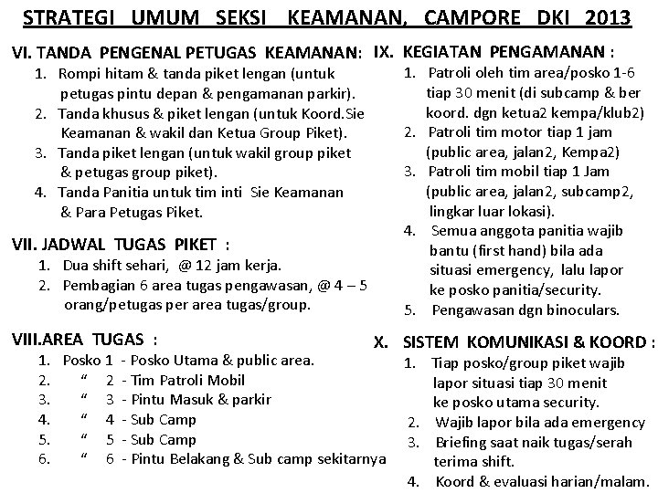 STRATEGI UMUM SEKSI KEAMANAN, CAMPORE DKI 2013 VI. TANDA PENGENAL PETUGAS KEAMANAN: IX. KEGIATAN