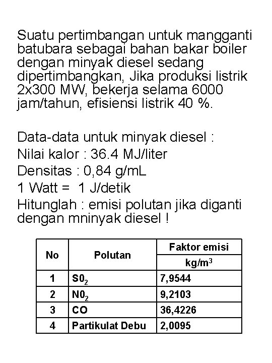 Suatu pertimbangan untuk mangganti batubara sebagai bahan bakar boiler dengan minyak diesel sedang dipertimbangkan, Suatu pertimbangan untuk mangganti batubara sebagai bahan bakar boiler dengan minyak diesel sedang dipertimbangkan,