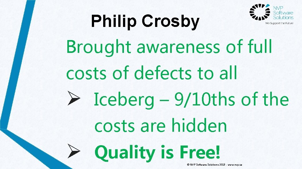 Philip Crosby Brought awareness of full costs of defects to all Ø Iceberg –