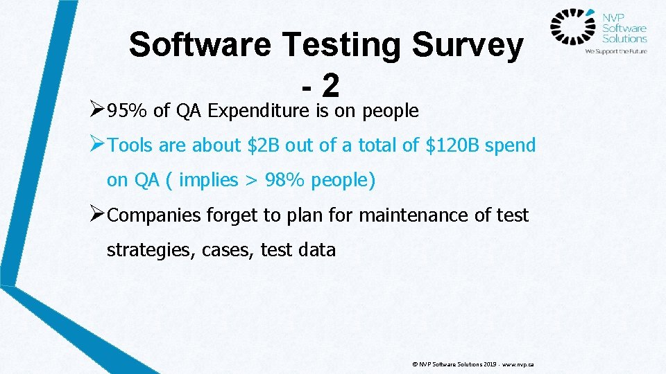 Software Testing Survey -2 Ø 95% of QA Expenditure is on people ØTools are