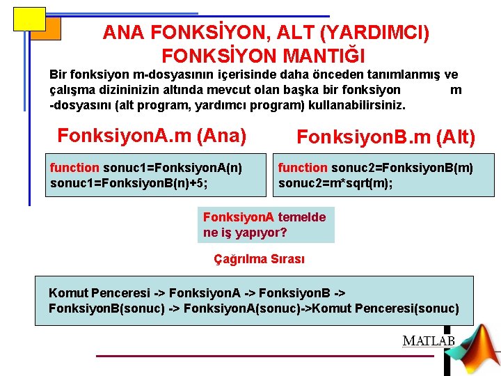 ANA FONKSİYON, ALT (YARDIMCI) FONKSİYON MANTIĞI Bir fonksiyon m-dosyasının içerisinde daha önceden tanımlanmış ve