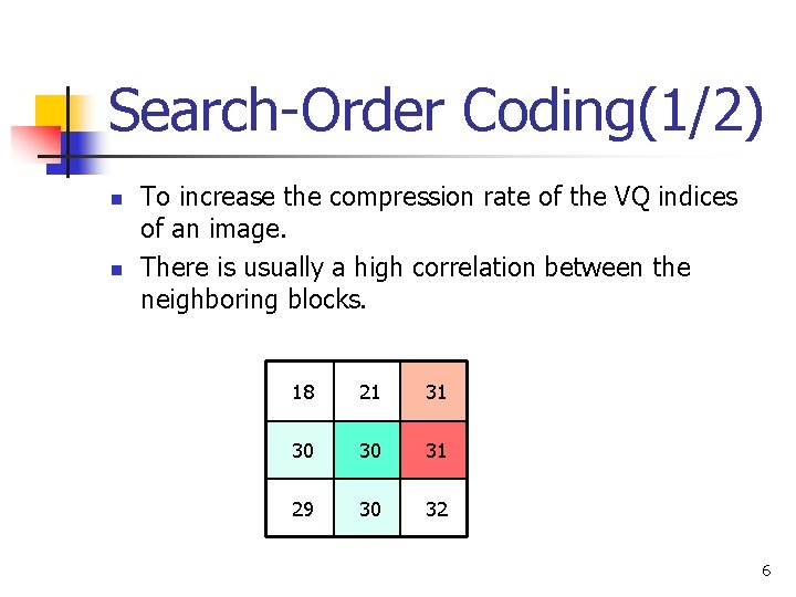 Search-Order Coding(1/2) n n To increase the compression rate of the VQ indices of